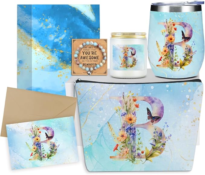 Personalized Gifts Monogrammed Birthday Gifts for Women, Sister Cowerker Mom Boss Day Christmas Appreciation Initial Wine Tumbler Makeup Bag Scented Candle Bracelet Set, (Aesthetic Blue Flower B)