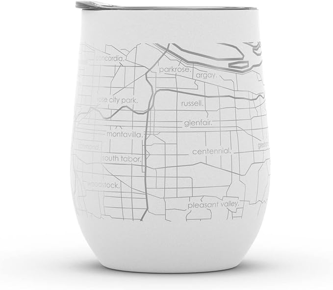 Well Told Engraved Portland Oregon Map Insulated Wine Tumbler, Etched Stainless Steel Wine Tumbler (12 oz, White) City Map Insulated Tumbler, Custom Insulated Tumbler, Outdoor Drinkware