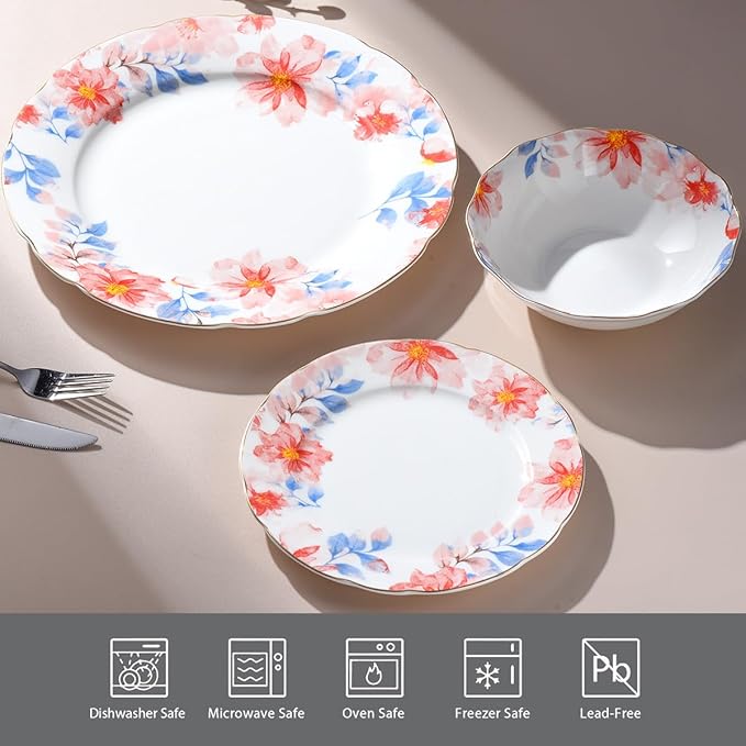 Exquisite ceramic tableware 3 Piece Bone China Modern Round Dishes Sets,Dinnerware dishset for Kitchen,Dinner Plate,Dessert Plate,Soup Bowl,Red flowers