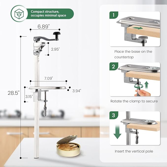 Huanyu Commercial Can Opener Heavy Duty Manual Tabletop Can Opener 28.5'' Height-Adjustable with 3 Stainless Steel Blades&Plated Steel Base for #10 Cans Up to 22” Tall for Restaurant,Bar,Hotel,Home