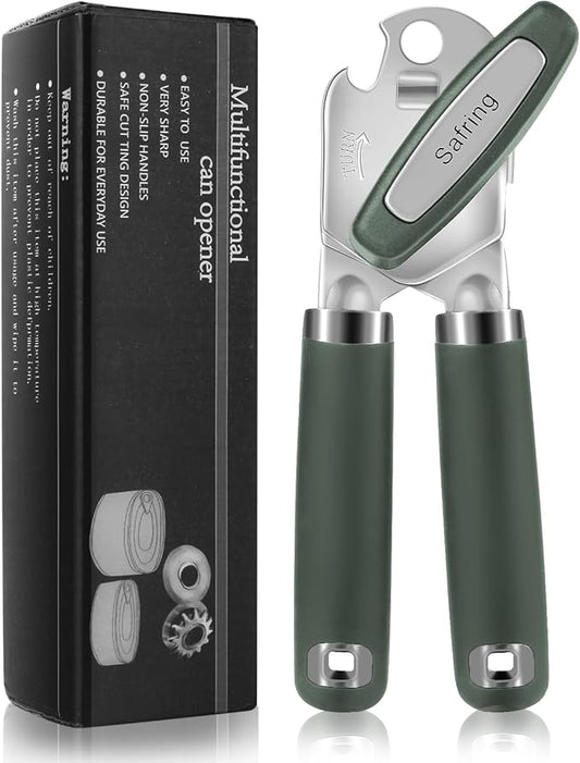 Can Opener Manual, Heavy Duty Handheld Strong Can Opener with Soft Touch Handle, Sharp Blade Smooth Edge, Can Openers with Multifunctional Bottle Opener, Hunter Green