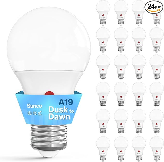 Sunco 24 Pack Dusk to Dawn LED Outdoor Light Bulb A19, Photocell Automatic for Exterior Lighting, 800 LM, 9W (60W Eqv.), 6000K Daylight Deluxe, Auto On/Off Sensor, IP65 Rated UL.