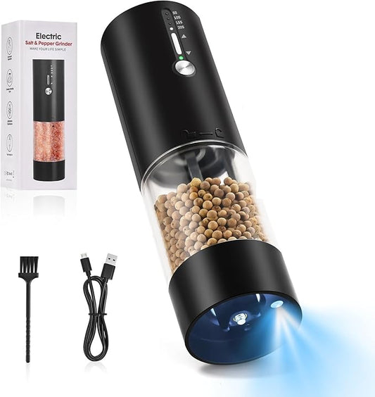 Hxro Electric Salt and Pepper Grinder with 4-Mode Timer, USB-C Rechargeable Pepper Mill with LED Light, Adjustable Coarseness & 120 ML Large Capacity, Perfect for Kitchen, BBQ, Dining Table & Gifts