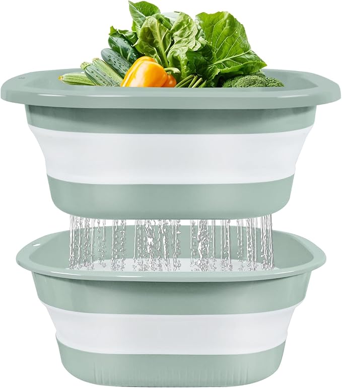 Collapsible Colander and Sink Basin Set 8 QT - 2 Pack Set Collapsible Strainer with Collapsible Wash Basin for Kitchen, RV Camping, Foldable Fruit Vegetable Washing Basket, 8 QT, Blue