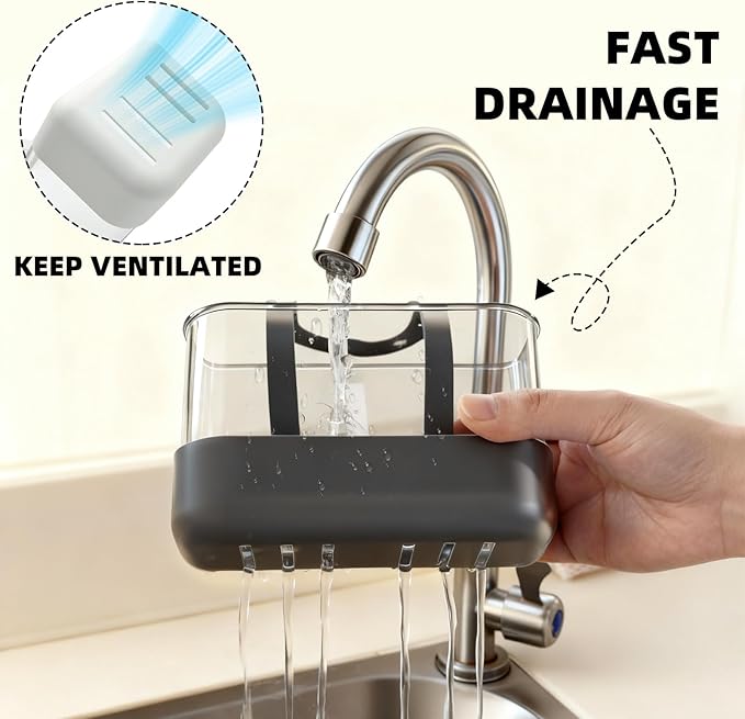 Sponge Holder for Kitchen Sink Dish Sponge Sink Caddy Kitchen Organizer for Brush Sink Stopper Scrubber Hanging Adjustable Strap Caddy Kitchen Gadgets Storage with Drain Holes (White, Large)