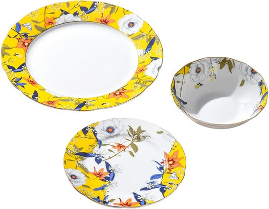 Exquisite ceramic tableware 3 Piece Bone China Modern Round Dishes Sets,Dinnerware dishset for Kitchen,Dinner Plate,Dessert Plate,Soup Bowl,Yellow flowers