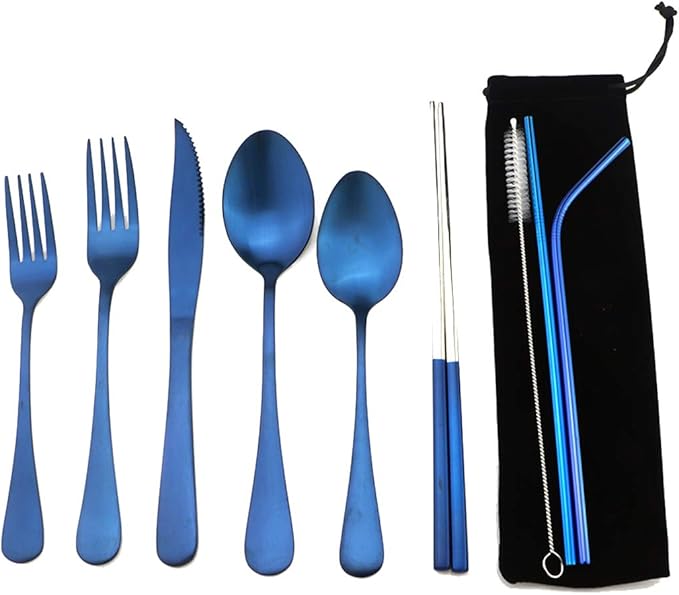 Blue Reusable Utensils with Case Camping Travel Silverware Set,Portable Stainless Steel Cutlery Set - Matte Flatware Set Knife Fork Spoon Mirror Straws Chopsticks - for Office Lunch, Hiking, School