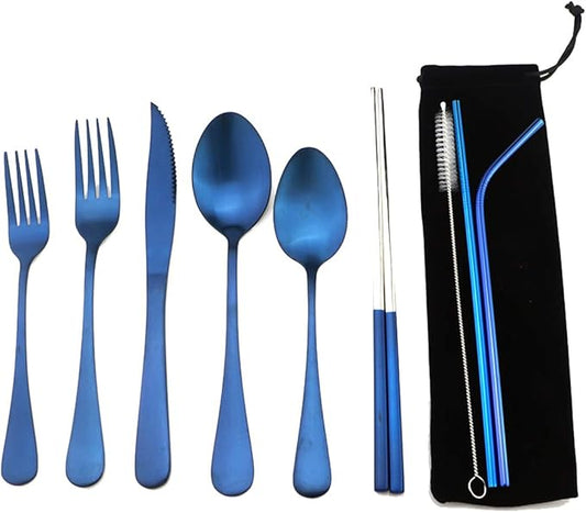 Blue Reusable Utensils with Case Camping Travel Silverware Set,Portable Stainless Steel Cutlery Set - Matte Flatware Set Knife Fork Spoon Mirror Straws Chopsticks - for Office Lunch, Hiking, School