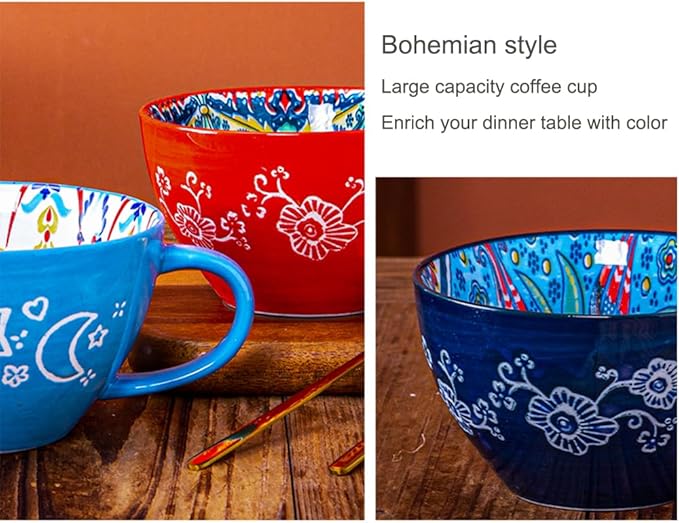 Bohemian Hand-Painted Ceramic Mug, 15 Oz Large Coffee Cup for Milk, Tea, and Breakfast, Dishwasher & Microwave Safe Artisan Cup, Orange