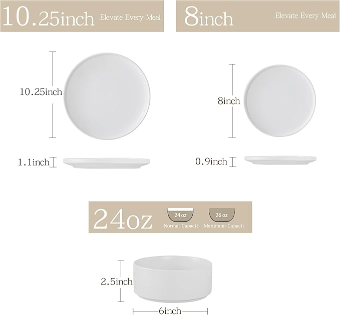6 Piece Ceramic Dinnerware Set for 2, Modern Minimalist Stoneware Dinner Plates and Bowls, Microwave Safe, Dishwasher Safe, Versatile for All Seasons, Matte White