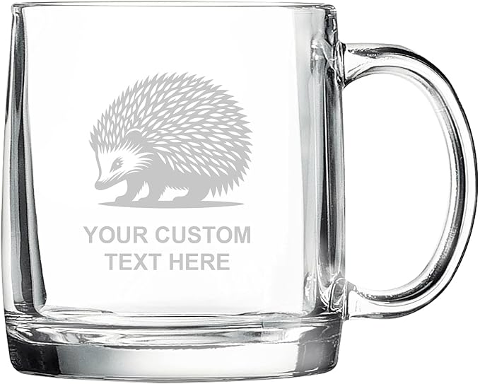 Hedgehog, Personalized 12.5 oz Polar Camel Glass Coffee Desk Mug – Custom Laser Engraved Clear Cup for Tea, Espresso, Latte, Whiskey - Microwave Safe/Made in USA