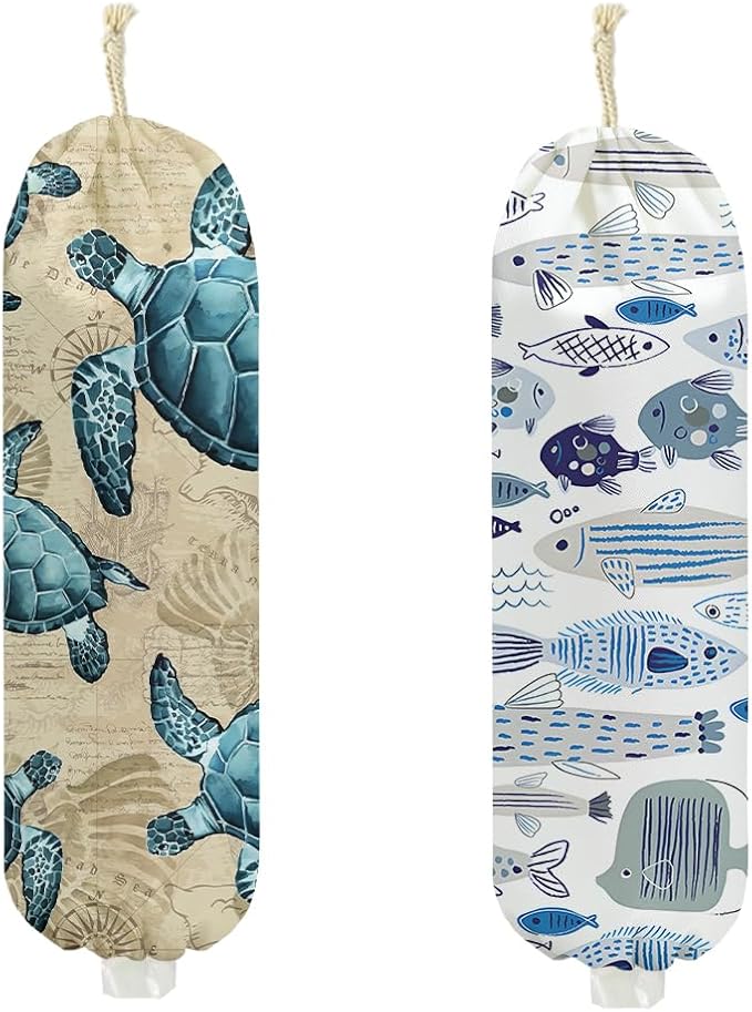 2Pcs Turtle Plastic Bag Holder 22.5x9 Inch, Fish Shells Wall Mount Grocery Bag Holder for Plastic Bags, Reusable Grocery Bags Storage Dispenser for Home Kitchen Decor, Sea Turtle Gifts for Women Mom