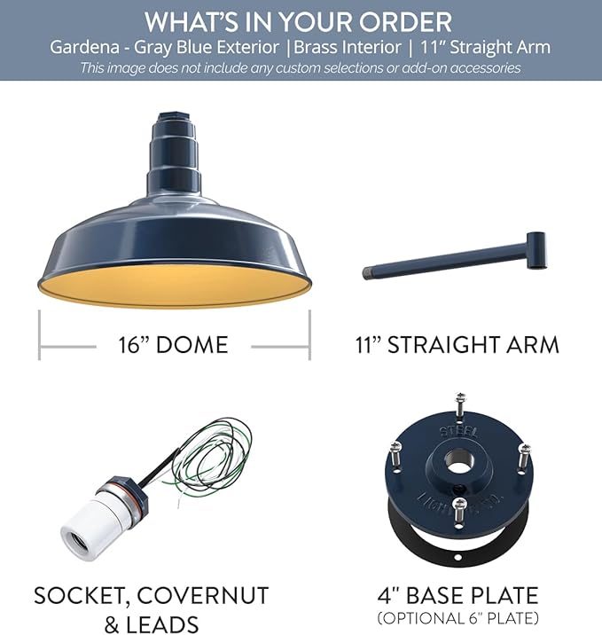 Steel Lighting Co. | Dusk to Dawn | Gardena Barn Light | Outdoor Wall Mounted | 16" Dome | 11" Straight Arm | Farmhouse Light Made in America | Gray Blue/Brass