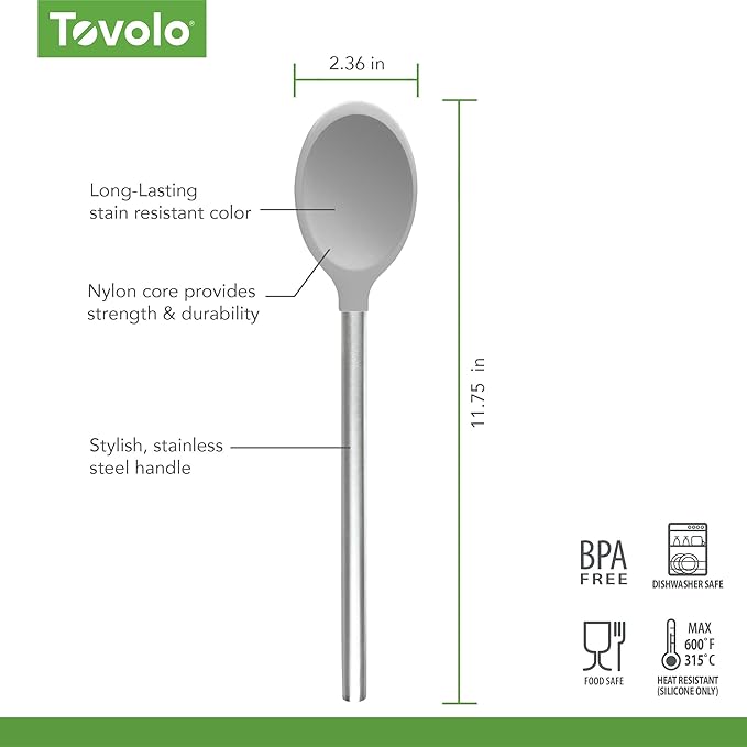 Tovolo Mixing Spoon Stainless Steel Handle Scratch Resistant Non Stick Safe Kitchen Utensil for Cooking Baking Serving Stirring, Heat Resistant Silicone Stirring Spoon with Metal Handle Oyster Gray