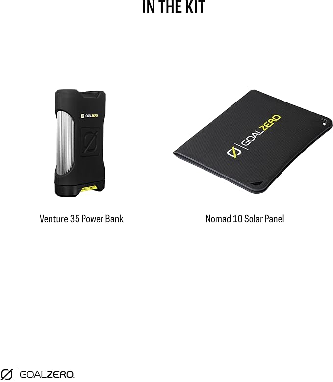 Goal Zero Venture 35 Portable Charger Power Bank with Nomad 10 Solar Panel Kit 9600mAH 18W USB-C Power Delivery Port, 2 USB Outputs IP67 Rating 50 Lumens Flashlight