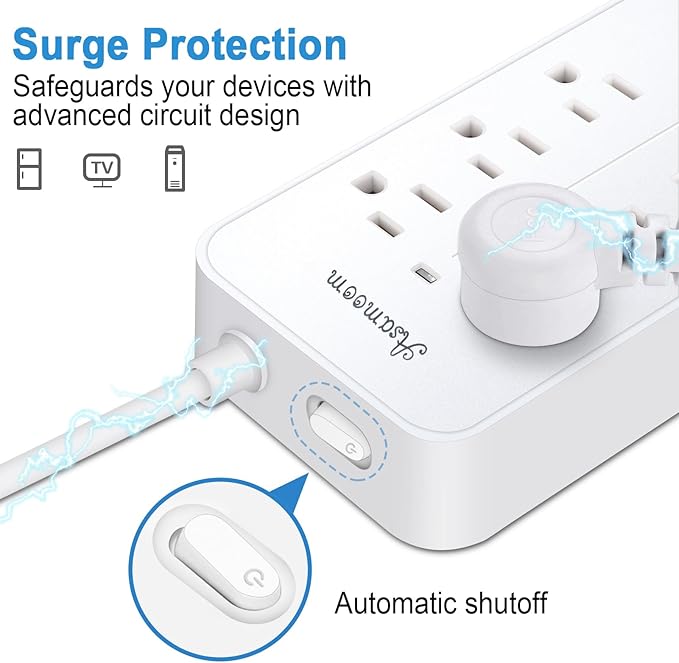 20FT Surge Protector Power Strip Extension Cord with USB C, Asamoom Flat Plug Power Strip with Long Cord, 8 Outlets and 3 USB-A & 1 USB-C Port,1700J for Wall Mount Desk White, ETL Listed