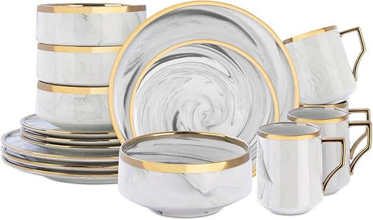 16 Piece Plates and Bowls Sets, Fine China Artisan Marbled Dinner Set for 4, Dishwahser Safe, Scratch Resistant, Grey with Gold Line