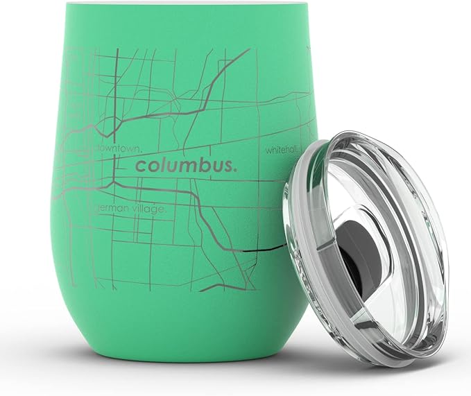 Well Told Engraved Columbus Ohio Map Insulated Wine Tumbler, Etched Stainless Steel Cup (12 oz, Sunday Green) City Map Insulated Tumbler, Custom Insulated Tumbler, Outdoor Drinkware