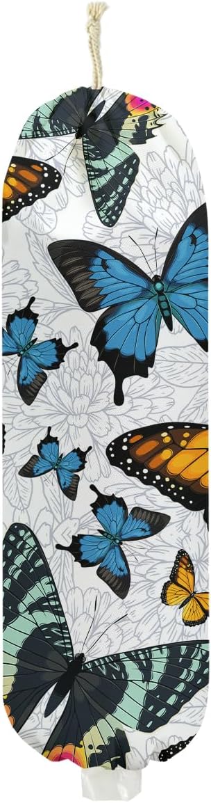 Butterfly Plastic Bag Holder, Flower Wall Mount Plastic Bag Holders for Grocery Bags, Washable Grocery Bags Storage Dispenser for Home Kitchen Pantry Decor, Butterfly Gifts for Women Mom Wife