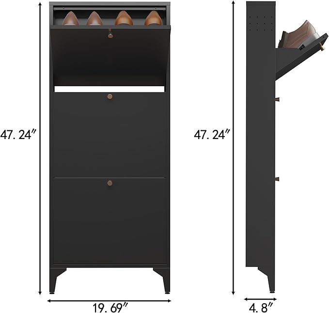 Shoe Cabinet with 3 Flip Drawers, 19" W Narrow Shoe Storage Cabinet, Farmhouse Shoe Organizer, Freestanding Organizer with Metal Legs for Entryway, Foyer (Narrow 3-Door, Black)
