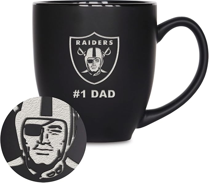 Rico Industries NFL Football #1 Dad 15oz Laser Engraved Matte Black Ceramic Bistro Mug - for Hot or Cold Drinks