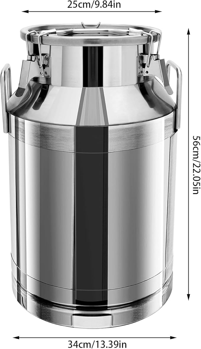Milk Can Stainless Steel Containers with Lids Old Fashion Milk Jug Metal Bucket with Practical Handles, Sealed Bucket for Milk Water Wine Honey Oil Rice Tea Beans Grains (40L/10.57Gal)