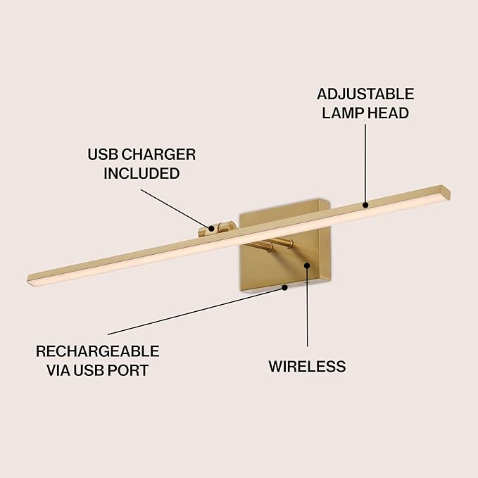 JONATHAN Y JYL7163A Santino 28" Modern Minimalist Swivel Integrated Dimmable LED Rechargeable Picture Light with Touch Sensor for Bedroom, Living Room, Kitchen, Office, Brass Gold