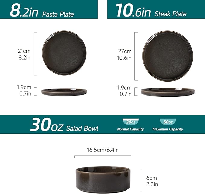 Stoneware Dinnerware Sets, Plates and Bowls Set for 4, 12-Piece Modern Stoneware Dinnerware – Chip Resistant, Non-Toxic, Dishwasher and Microwave Safe Tableware，Matte Black