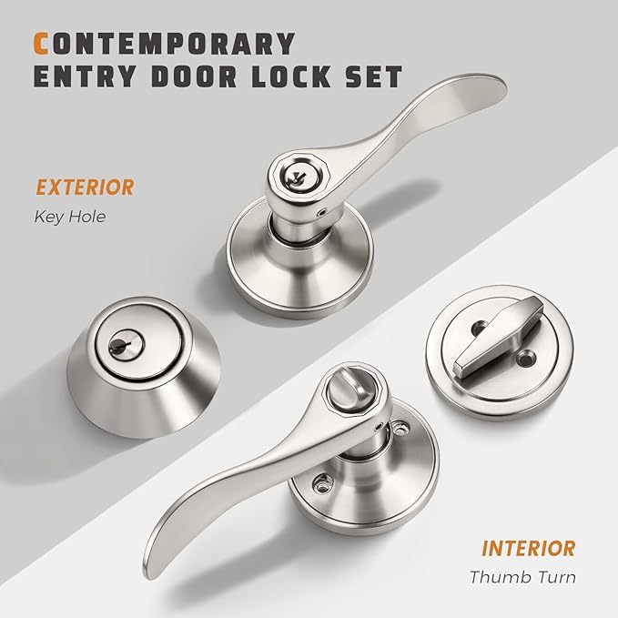 KNOBWELL 1 Pack Satin Nickel Keyed Alike Front Entry Door Lock Set, Single Cylinder Deadbolt and Lever Handle Combination for Exterior/Interior Doors
