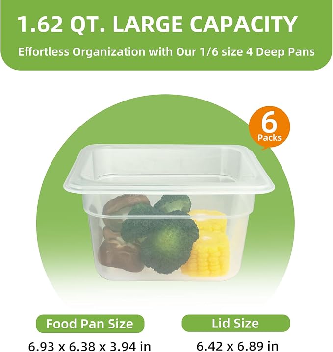 6-Pack Food Pan with Lids, 1/6 Size Food Storage Containers for homes, schools, restaurants, hotels Meal Prep, -40℉-160℉, Stackable, Freezer-Safe (1/6 size 4 inch deep, 1.53L/1.62QT)