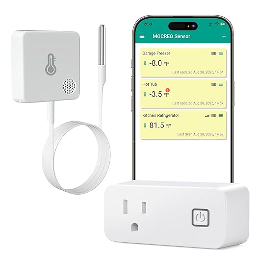 MOCREO WiFi Freezer Thermometer with Alarm, Wireless Refrigerator Temperature Sensor with Remote App Notification, Email Alert, 2 Years Free Data Export, for Home Kitchen Fridge Hot Tub