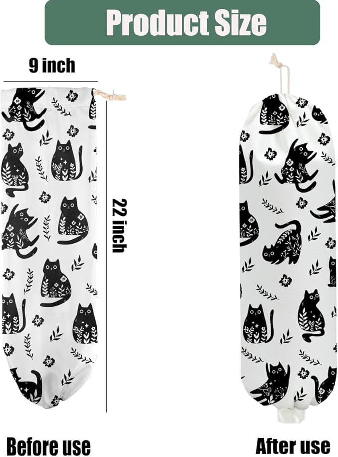 Cat Plastic Bag Holder for Kitchen Essentials, Wall Mount Plastic Bag Holders for Grocery Bags, Cute Vintage Flowers Grocery Bags Storage Dispenser for Home Kitchen Pantry Decor, Cat Gifts for Women