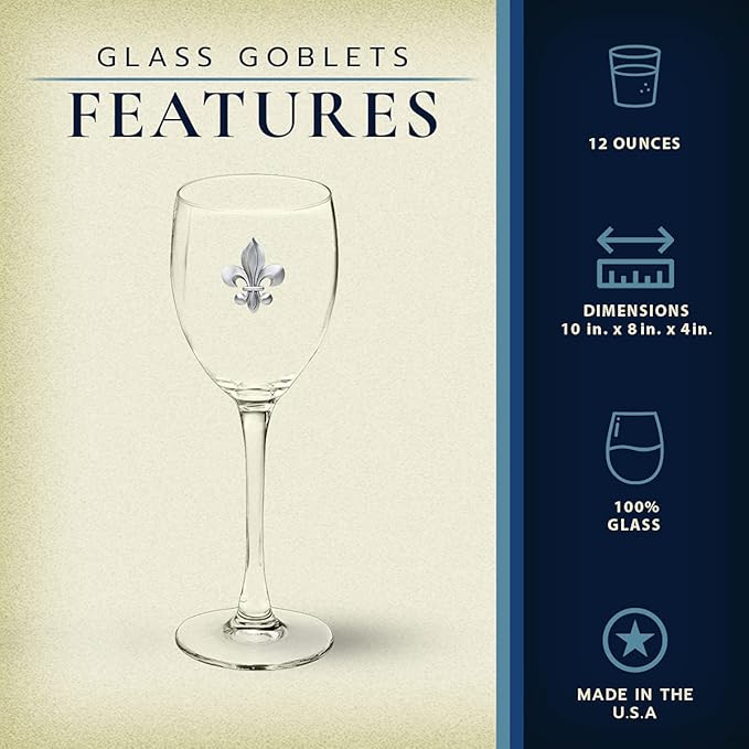 Heritage Pewter Fleur de Lis Glass Goblets – Set of 2 | 12 OZ Goblet Wine Glasses | Expertly Crafted Pewter Glass