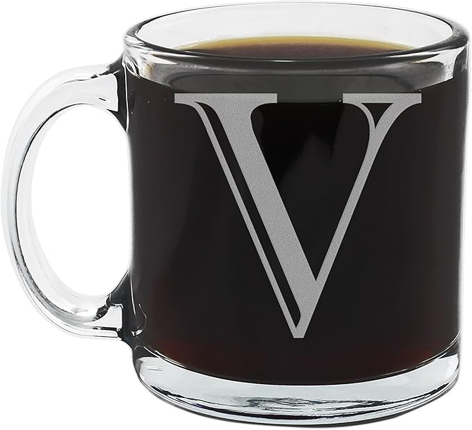 Spotted Dog Company Etched Monogram 12oz Clear Glass Coffee Mug (Letter V), A-Z Customized Coffee Gifts, Custom Engraved Gifts for Women Her, Personalized Gift for Men, Initial