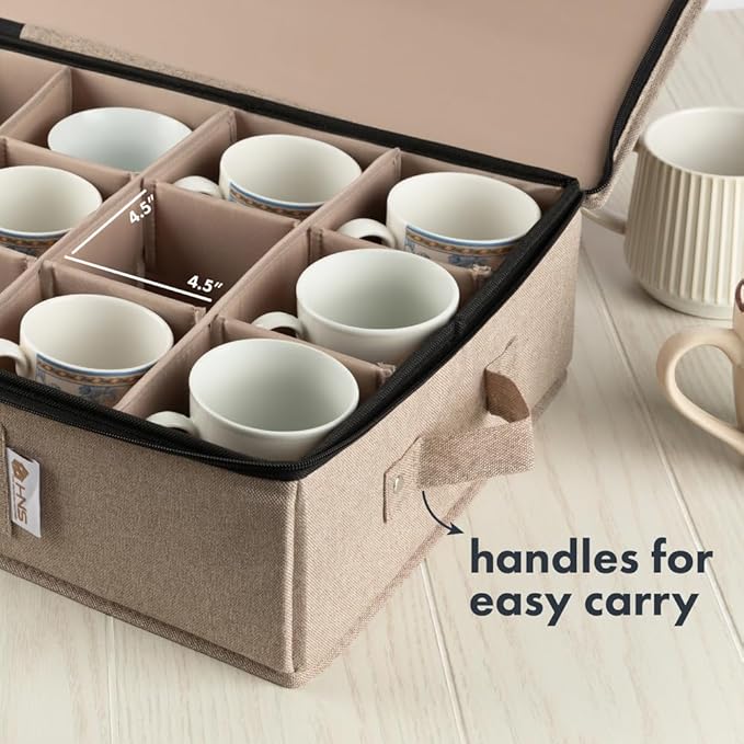 Hard Shell China Storage Containers 5-Piece Set Moving Boxes for Dinnerware, Glasses, Plates, Mugs and Saucers Sturdy Dish Organizer with Dividers for Seasonal Storage - Service for 12 - Brown