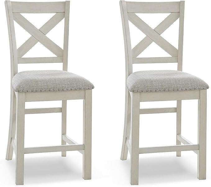 Signature Design by Ashley Robbinsdale Farmhouse Upholstered Barstool, Set of 2, X-Back, Nailhead Trim, Wood, 24.75" H, White & Light Gray