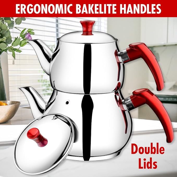 Hakan Stainless Steel 3.2 L, 107 Oz, Maxi Double Bondy Tea Pot Set with Self Strainer Double Lids, Turkish Samovar Style Teapot Set, Tea Kettle for Loose Leaf Tea with Red Bakelite Handle 3.3-Quart
