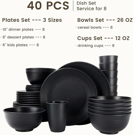 Homienly 40-Pieces Wheat Straw Dinnerware Set, Kitchen Plastic Wheat Straw Dinnerware Set - Service for 8, Unbreakable Lightweight Dish Set for Kitchen, Camping - Plates Set, Bowls, Cups Set(Black)