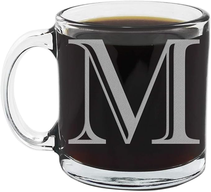 Etched Monogram 12oz Clear Glass Coffee Mug (Letter M), A-Z Customized Gifts for Coffee Lovers, Custom Engraved Gifts for Women Her, Personalized Gift for Men, Initial