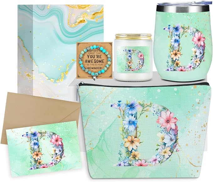 Personalized Gifts Monogrammed Birthday Gifts for Women, Niece Auntie Boss Teacher Appreciation Christmas Initial Wine Tumbler Makeup Bag Scented Candle Bracelet Set, (Aesthetic Green Flower D)