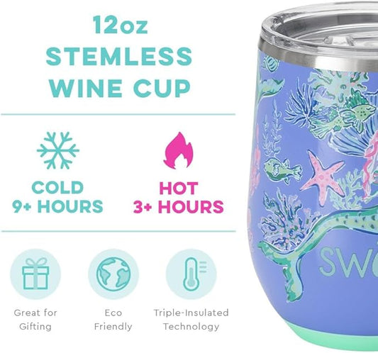 Swig Life 12oz Wine Tumbler with Lid, Stainless Steel, Dishwasher Safe, Portable, Triple Insulated Wine Tumbler (Under the Sea)
