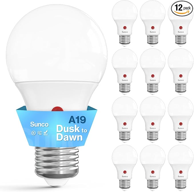 Sunco 12 Pack Dusk to Dawn LED Outdoor Light Bulb A19, Photocell Automatic for Exterior Lighting, 800 LM, 9W (60W Eqv.), 2700K Soft White, Auto On/Off Sensor, IP65 Rated UL.