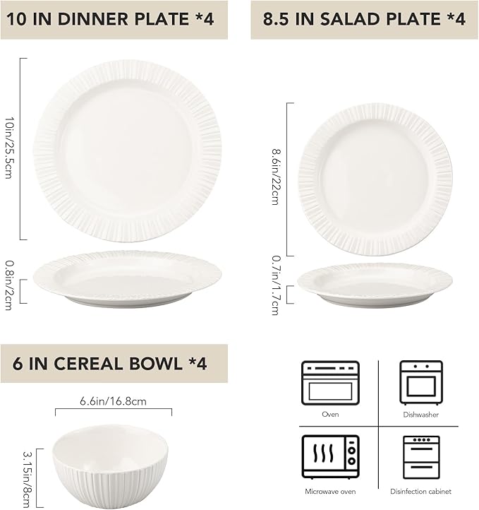 12-Piece White Ceramic Dinnerware Set - Rhine Series, Service for 4, Includes Bowls, Flat & Deep Plates, Microwave & Dishwasher Safe