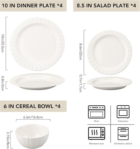 12-Piece White Ceramic Dinnerware Set - Rhine Series, Service for 4, Includes Bowls, Flat & Deep Plates, Microwave & Dishwasher Safe
