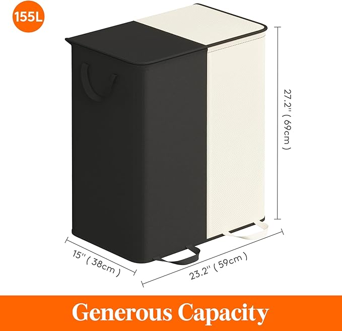 Lifewit Double Laundry Hamper with Lid and Removable Laundry Bags, Large Collapsible 2 Dividers Dirty Clothes Basket with Handles for Bedroom, Laundry Room, Closet, Bathroom, College, 155L White&Black
