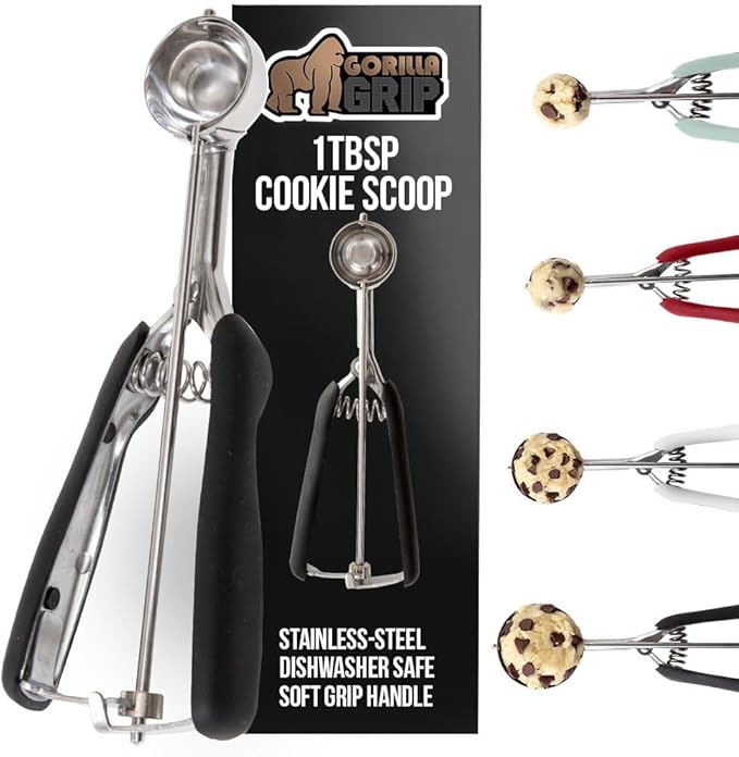 GORILLA GRIP BPA-Free Stainless Steel Cookie Scoop, 1 TBSP Scooper #60, Soft Grip Handle, Easy Food Release, Create Even Portion Sizes, Multipurpose Kitchen Melon Baller, Meatball Spring Scoops, Black