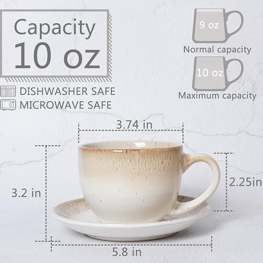 Bosmarlin Ceramic Cappuccino Cup and Saucer Set of 2, 10 Oz, Dishwasher and Microwave Safe, Coffee Cups for Latte, Espresso, Tea, Reavtive Glaze (Brown)
