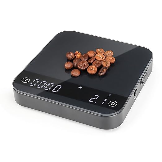 KitchenTour CaféMetric Coffee Scale with Timer 0.1g/2000g - Precision Small Scale for Espresso & Pour Over - Mini Scale with Rechargeable Battery, LED Display - Black
