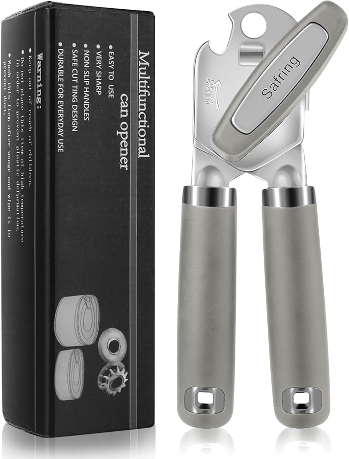 Can Opener Manual, Heavy Duty Handheld Strong Can Opener with Soft Touch Handle, Sharp Blade Smooth Edge, Can Openers with Multifunctional Bottle Opener, Gray