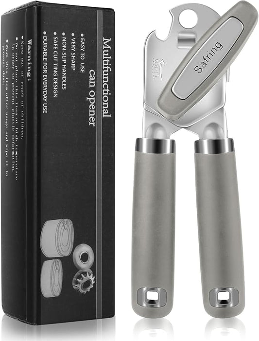Can Opener Manual, Heavy Duty Handheld Strong Can Opener with Soft Touch Handle, Sharp Blade Smooth Edge, Can Openers with Multifunctional Bottle Opener, Gray